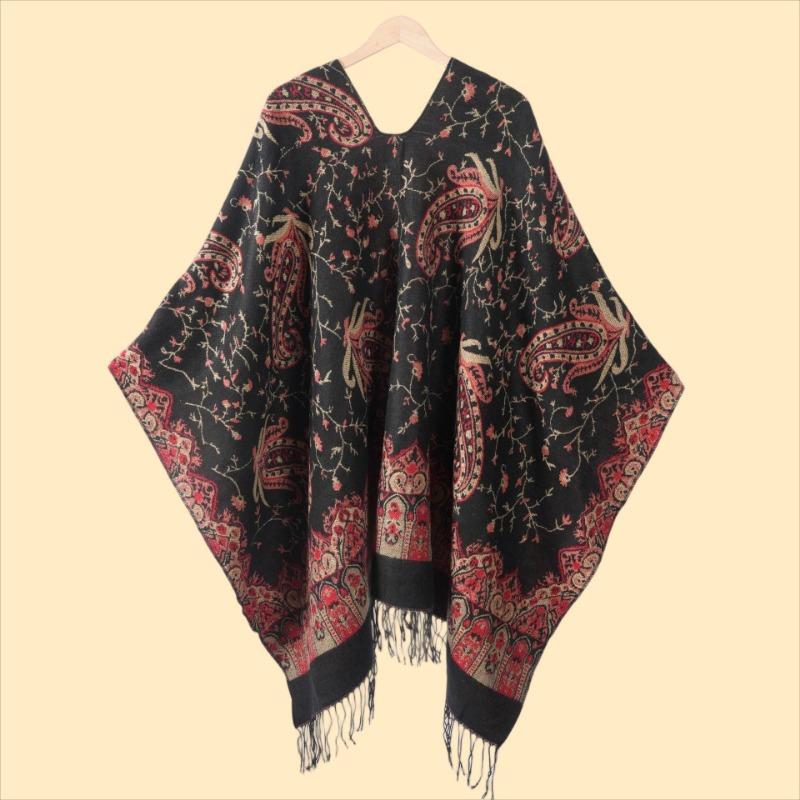 Women Vintage Fringed Split Jacquard Shawl Cape For Autumn Winter Travel Warm