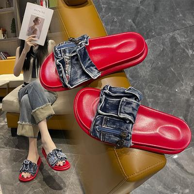 Обувь для женщин 2024 Горячая распродажа Летние женские шлепанцы Уличные Однотонные Джинсовые С открытым носком На низком каблуке Большой размер Повседневные шлепанцы Женские