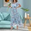 V-neck Ruffle Short Sleeve Maxi Dress Waist Tight High-waist Flowy Hem Sweet Floral Print Chiffon Dress Female Clothing