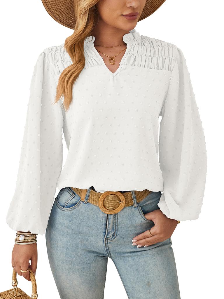 Весенне-осенняя женская плиссированная жаккардовая рубашка с длинным рукавом с v-образным вырезом