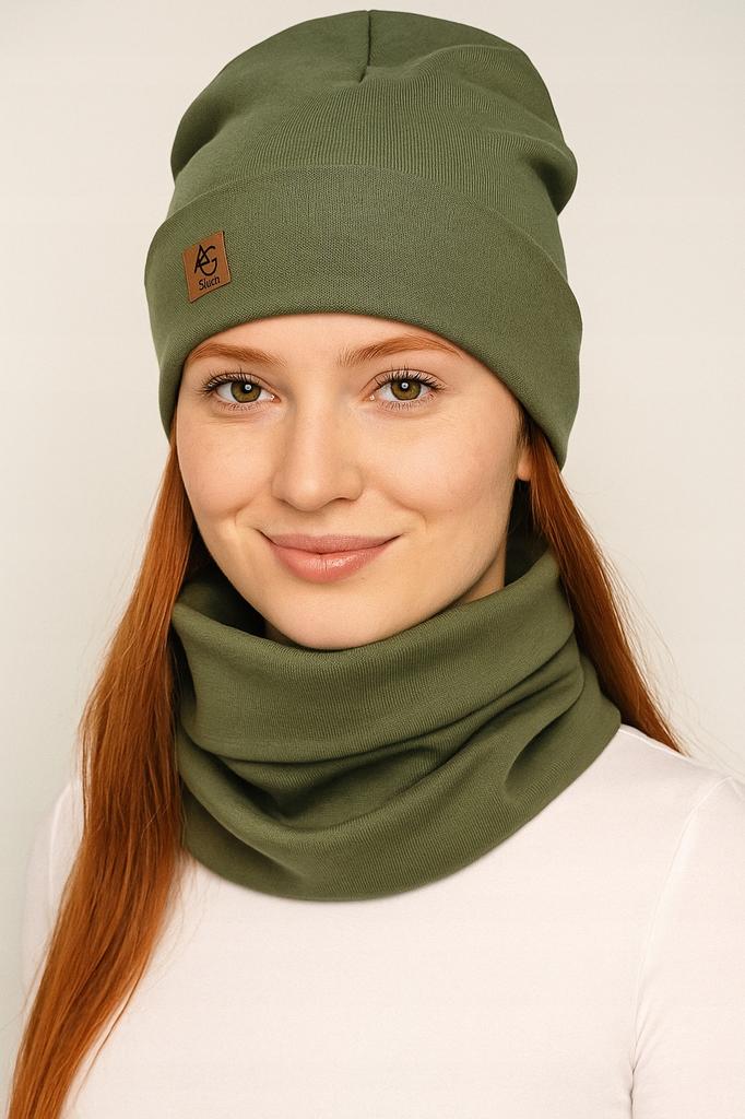 Set of Hat + Neck Warmer for Women and Men, Two-Layer Set, Warm Olive