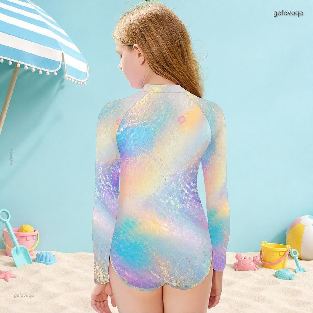 Girls High Neck Long Sleeve Front Zip One Piece Swimsuit Rainbow Galaxy Printed