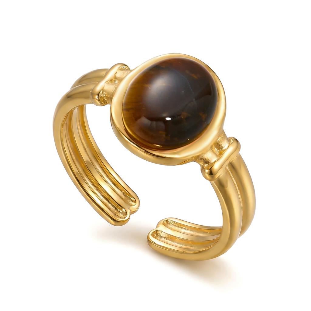Maillard Oval Tiger's Eye Stainless Steel Ring for Women Vintage Adjustable Gold Plated Finger Ring Party Jewelry Gift