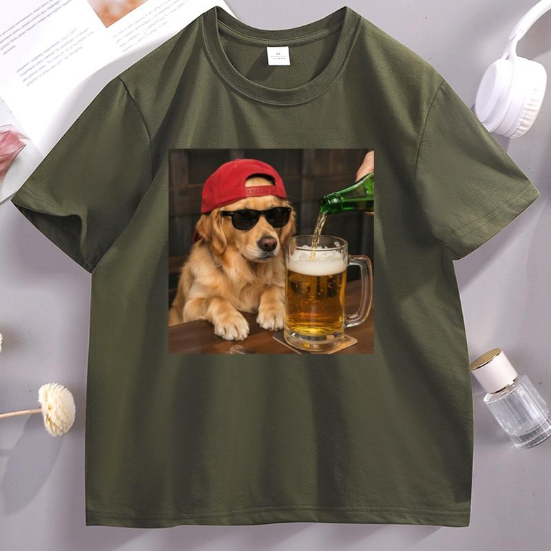 Golden Retriever Drinking Beer Funny Meme Graphic T Shirts Man Summer Drink T-shirt Cotton Prin