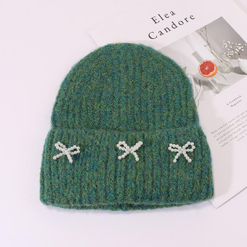 Small pearl knot knitted hat Korean version casual versatile face small winter warm hat