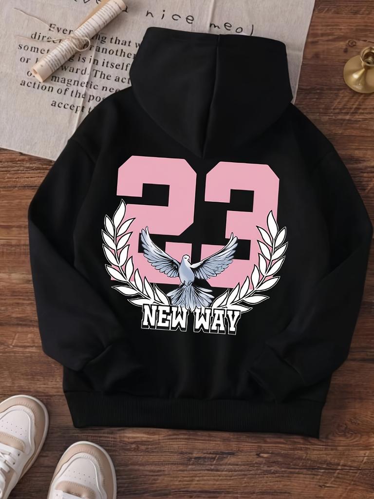 Teen girl lucky number + letter printed hooded sweater, American retro college style + street sports style,