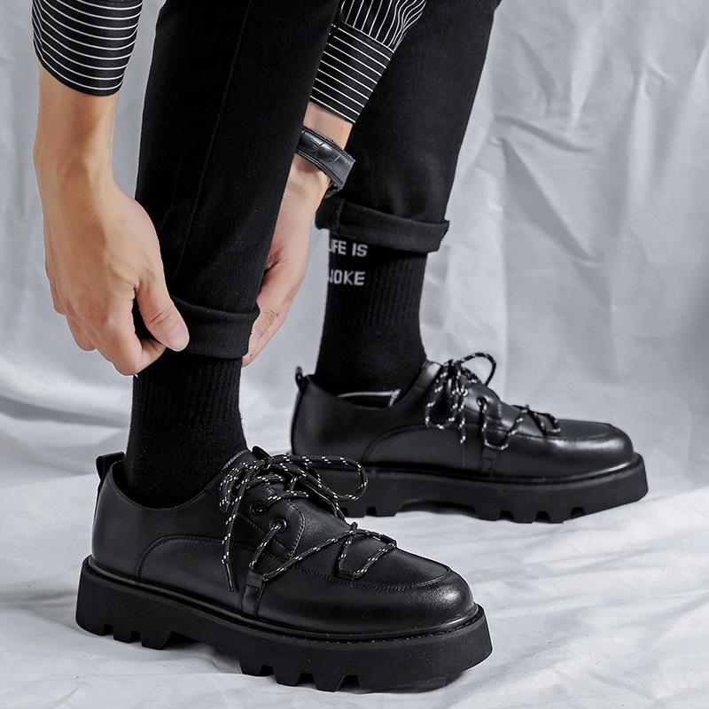 2024 Men's Japan Karajuku Korean Style Fashion Streetwear Thick Platform Casual Black Leather Shoes Lace Up Dress Leather Shoes