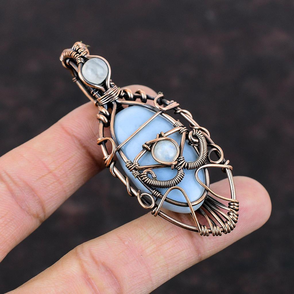 Подвеска с голубым опалом от сглаза Owyhee, подвеска из медной проволоки с драгоценным камнем, ручная работа, подарок на помолвку, подвеска из радужного лунного камня