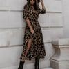 Модное сексуальное длинное платье с принтом и воротником-стойкой, однобортное леопардовое платье