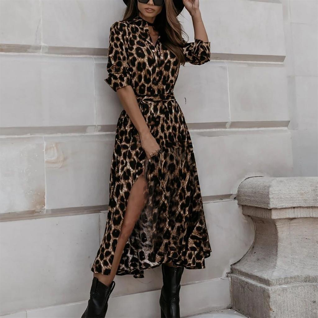 Модное сексуальное длинное платье с принтом и воротником-стойкой, однобортное леопардовое платье