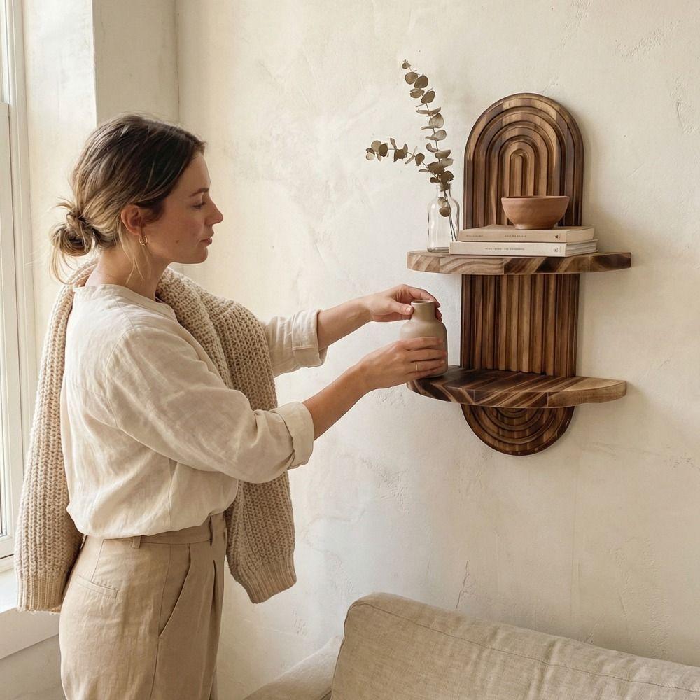 Oval Threaded Arched Floating Shelf Natural Artistic Wooden Stand Boho Style Rack  Plant Decorative