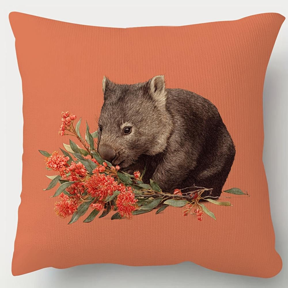 Double Sided Wombat Decorative Pillowcase D Printed Australian Animal with Red Flower Cushion Cover for Sofa Decor PC