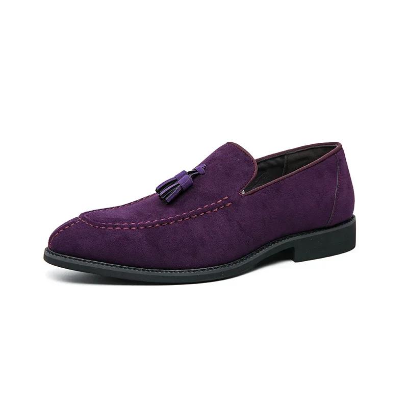Brand Designer Men Suede Leather Shoes Vintage Purple Tassel Loafers Men Moccasins Casual Flats Slip-On Men's Social Dress Shoes