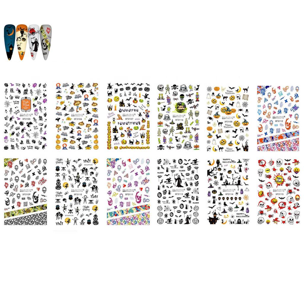 12Pcs Halloween Manicure Stickers Skull Pumpkin Nail Art Stickers Spooky Decals for Women DIY Manicure Halloween Party Props