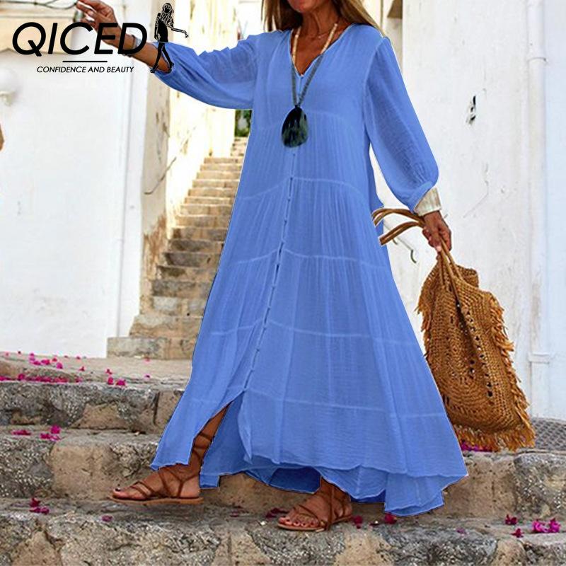 QICED Women's Summer Autumn Bohemia Solid Color V-neck Loose Long-sleeved Cotton Linen Dress