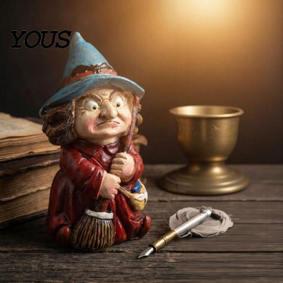Украшение для Хэллоуина, Фигурка ведьмы на метле из смолы, Статуэтка гнома в шляпе волшебника, Для полки, Винтажный жуткий декор для стола