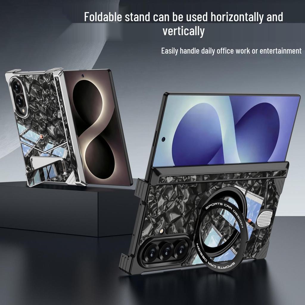 Защитный чехол-книжка Samsung Z Fold8 Ultra с кнопками-защелками, мраморным дизайном и металлической подставкой-шарниром