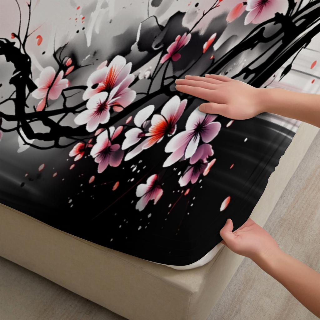 3pcs Cherry Blossom Fitted Sheet 3D Printed Pink And Black Floral Pattern Flat Sheet With Pillowcases No Filling Vivid Visual