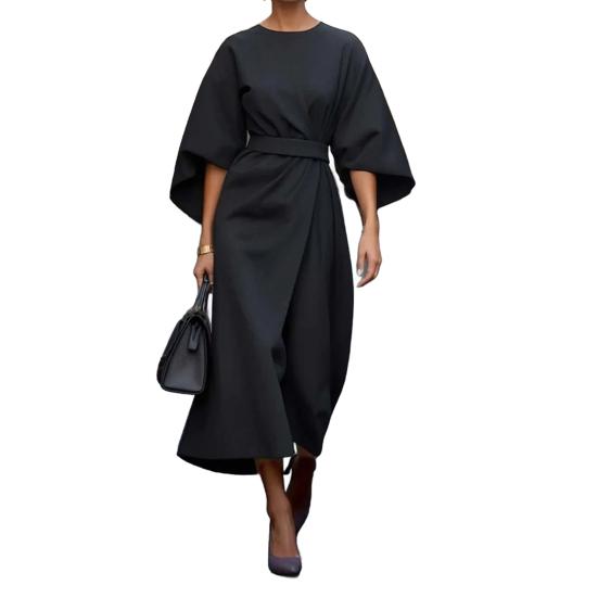 Lady Midi Dress Three Quarter Dolman Sleeves Slim High Waist Solid Color Round Neck Long Dress Summer Spring Prom Party Dating Dress