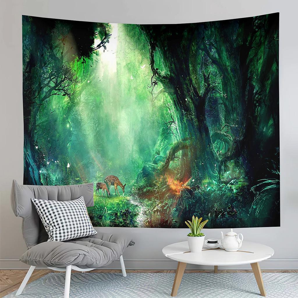 Fairy Tale Forest Tapestry Full Moon Night Red Mushroom Living Room Bedroom Dormitory