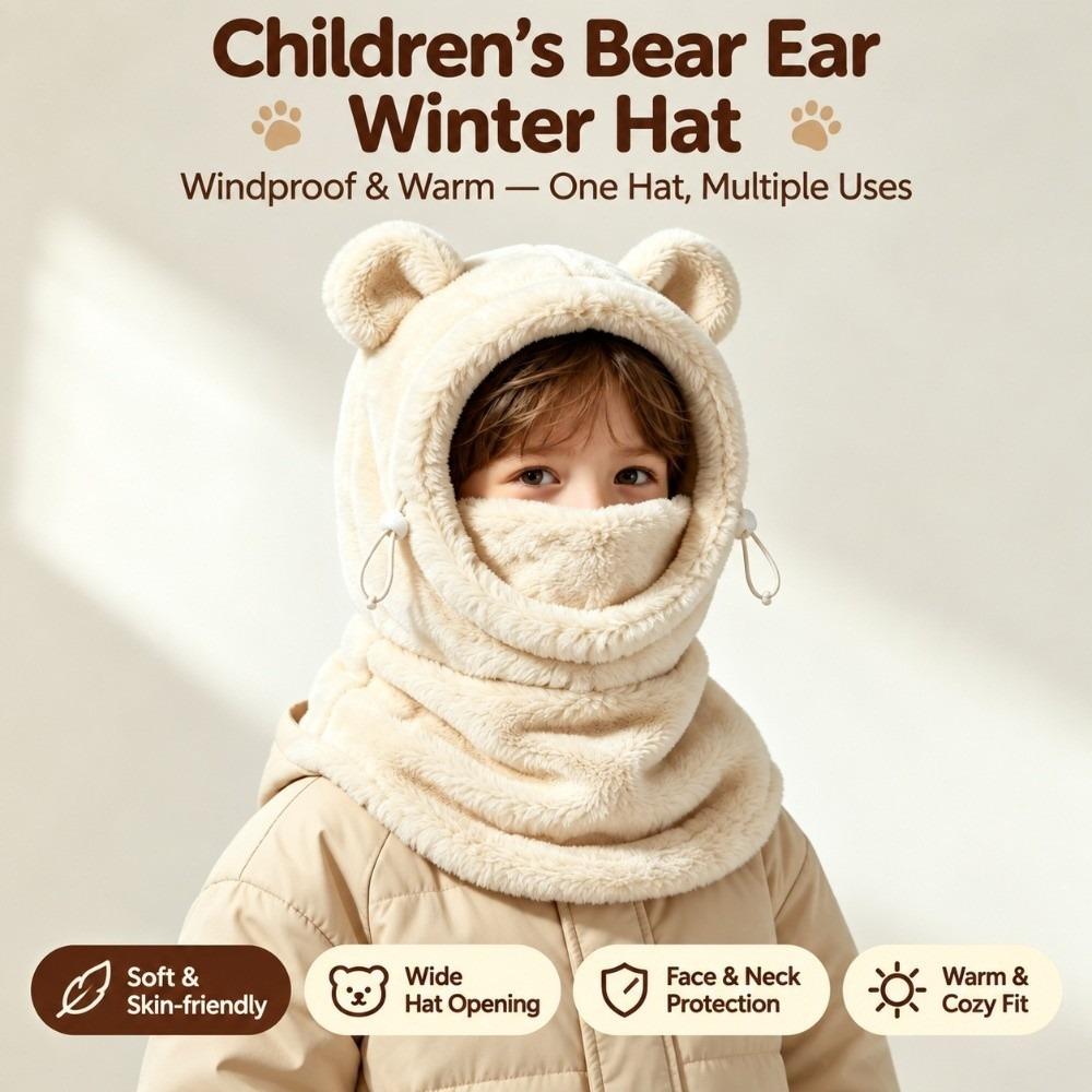 Plush Fleece Winter Hat Scarf Mask Bear Ear Kids Ski Hood Kids Neck Warmer Children