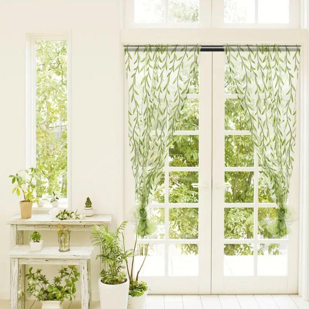 Тюлевая занавеска, оконные драпировки, марлевые прозрачные занавески, оформление окна, занавеска с листом ивы, гостиная