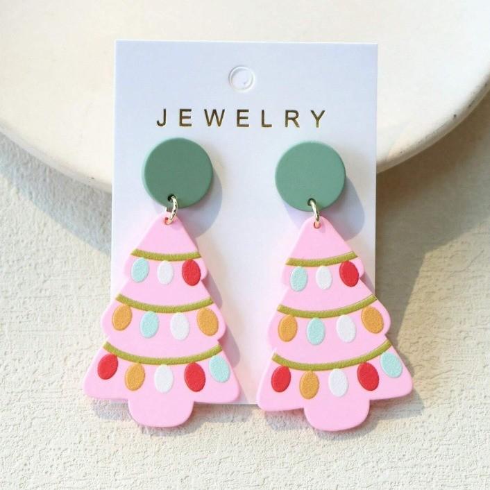 Elegant Cute Acrylic Holiday Earrings In Pink With Cheerful Christmas Elements