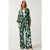 Женское кимоно-палаццо с зеленым узором, комплект брюк En00614