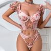 2 шт. Сексуальный комплект нижнего белья с кружевной цветочной вышивкой, женский бюстгальтер, сетчатый топ с рукавами-буфами на завязках, бюстгальтеры на косточках и комплекты стрингов