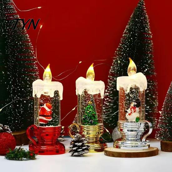 Christmas Gift for Kids Night Light, Flameless LED Water Filled Candle Lamp with Vintage Style Home Decor Falling Snow, Tabletop Lighting Party,
