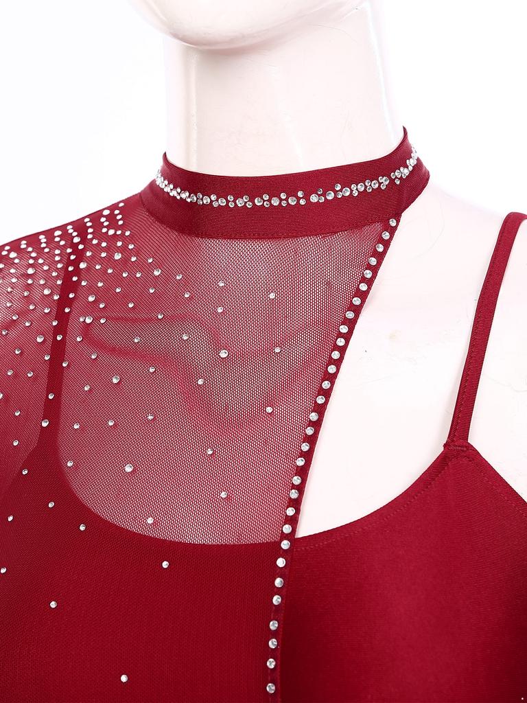 Womens Asymmetrical Lyrical Dancewear Long Sleeve Spaghetti Straps Patchwork Irregular Hem Dresses