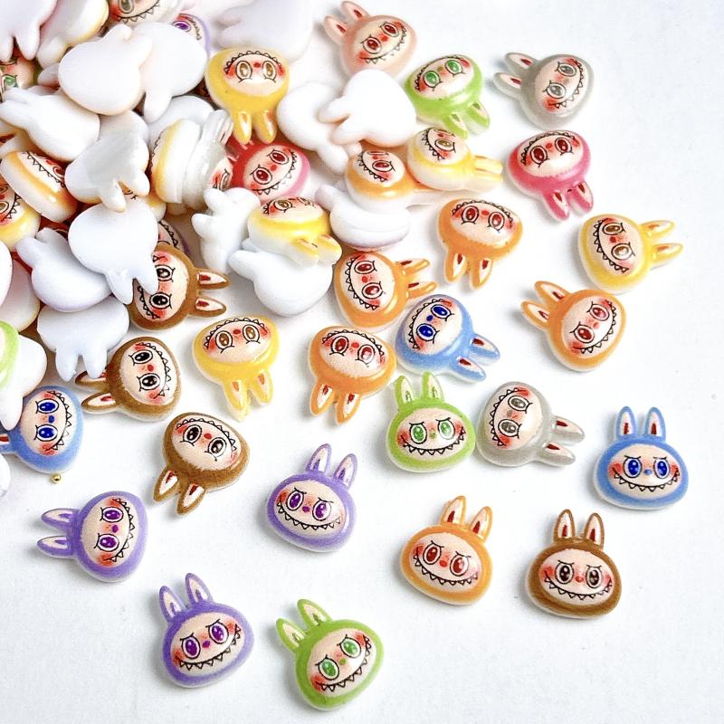 20Pcs Kawaii Cartoon Labubu Rabbit Head Resin Nail Charms 3D Luminous Creative Colorful Diy Accessories Nail Art Decoration
