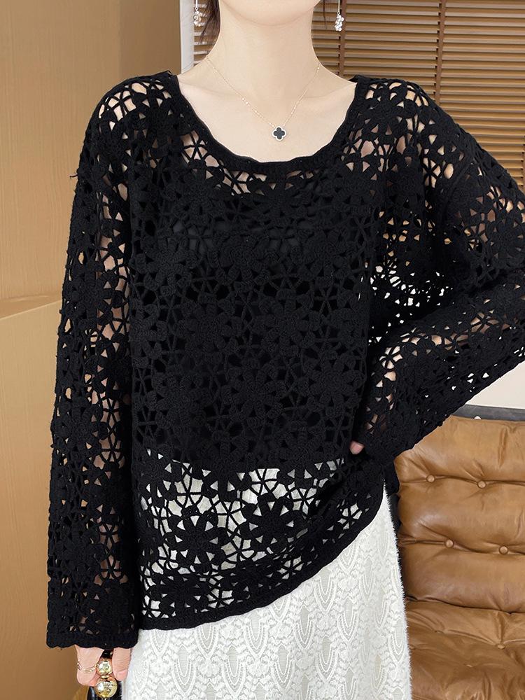 French Style Hollow Long Sleeve Cashmere Knit Sweater - Women's Autumn/Winter 2024 Collection Solid Color Top