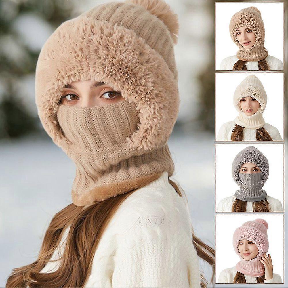 Women's Knitted Hat 3 in 1 Ladies Plush Hat Scarf Winter Windproof Ski Hat for Outdoor Sports