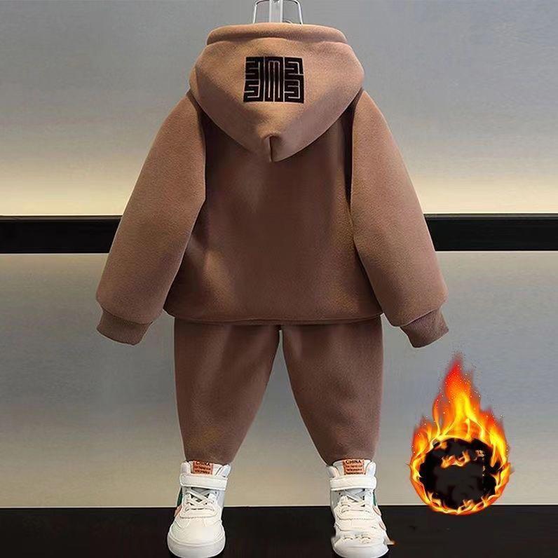 Детский зимний плюс бархатный теплый пуловер брюки комплект из двух предметов для мальчиков и девочек хлопковые толстовки спортивная повседневная одежда костюм