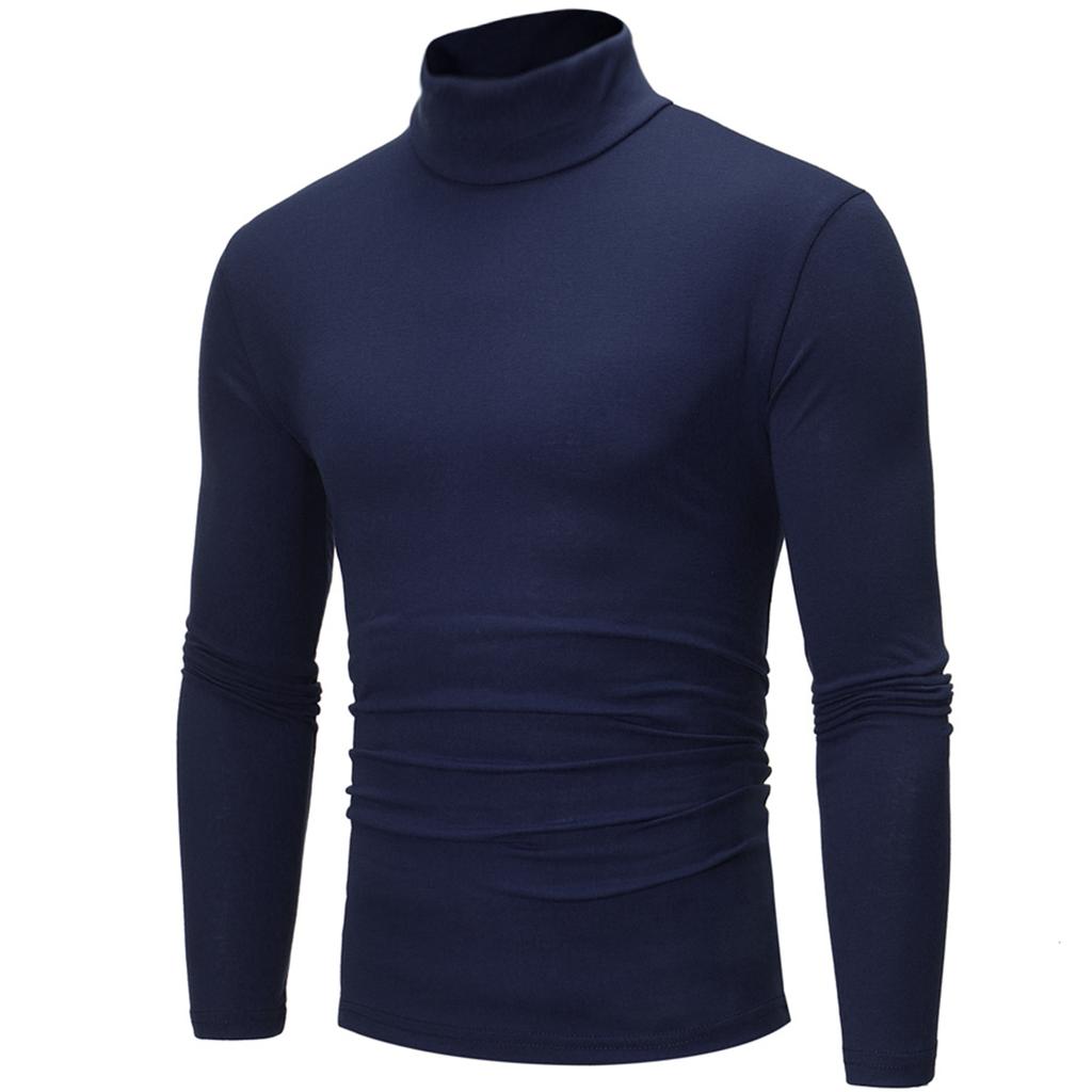 Men Casual High Neck Long Sleeve T-shirt Solid Color Slim Fit Pullover Undershirt Thermal Base Shirt