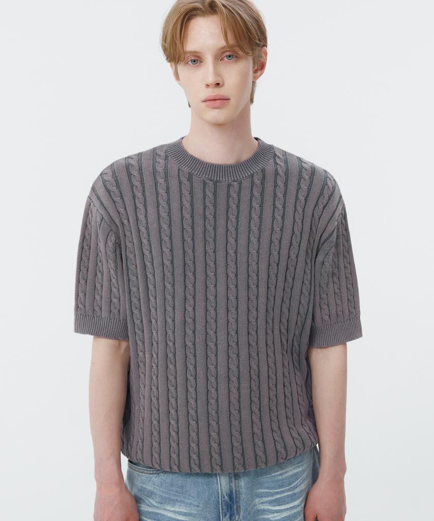 TRILLION Vintage Washed Cable Half Sleeve Knit [Lavender Grey]