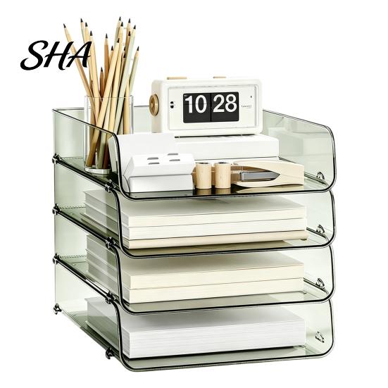Desk Space Saving Box Clear Acrylic File Organizer Tray, 1/2/3/4/5 Tier Paper Ducument Compact Storage Box, Stackable Office Supplies Rack Desktop