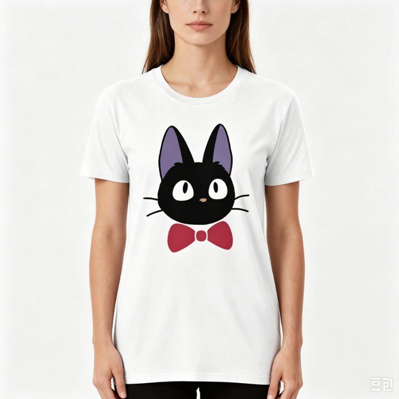 Cute Black Cat With Red Bow Tie Graphic Tshirt Japanese Anime Cat Face Print Unisex Casual Kawaii Short Sleeve Streetwear Tee