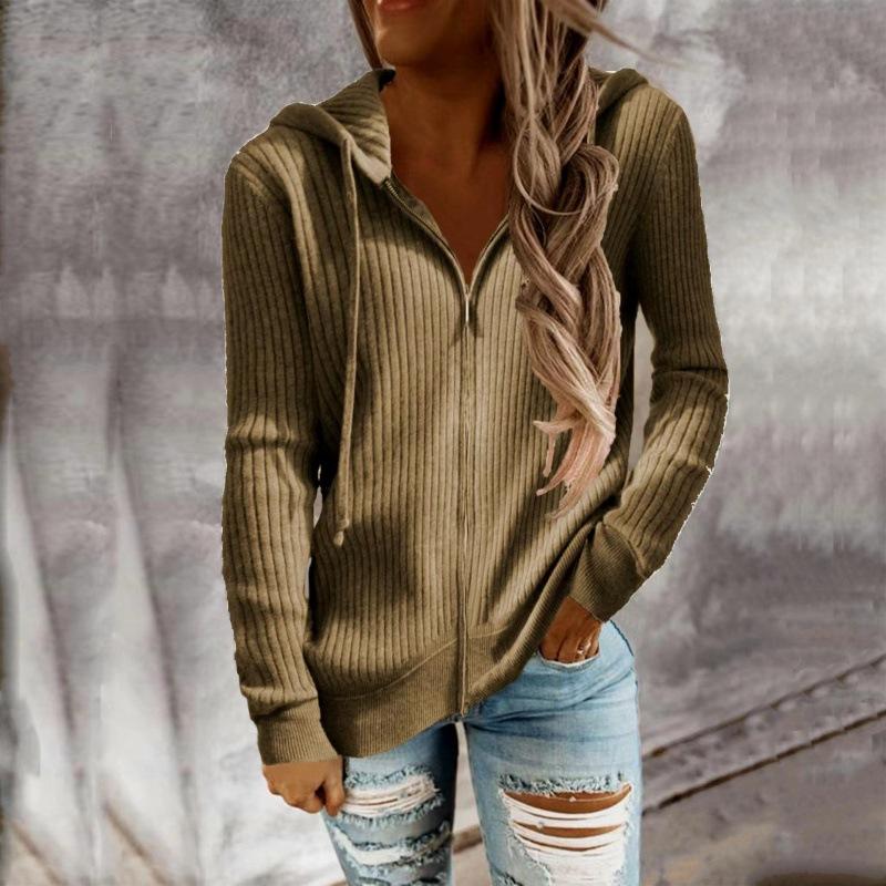 Женская осенне-зимняя повседневная однотонная толстовка с капюшоном, свободный вязаный кардиган на молнии, свитер с капюшоном и длинными рукавами