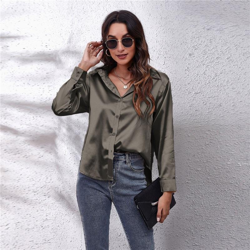 Women's Satin Blouse Long Sleeve V Neck Casual Button Down Shirt