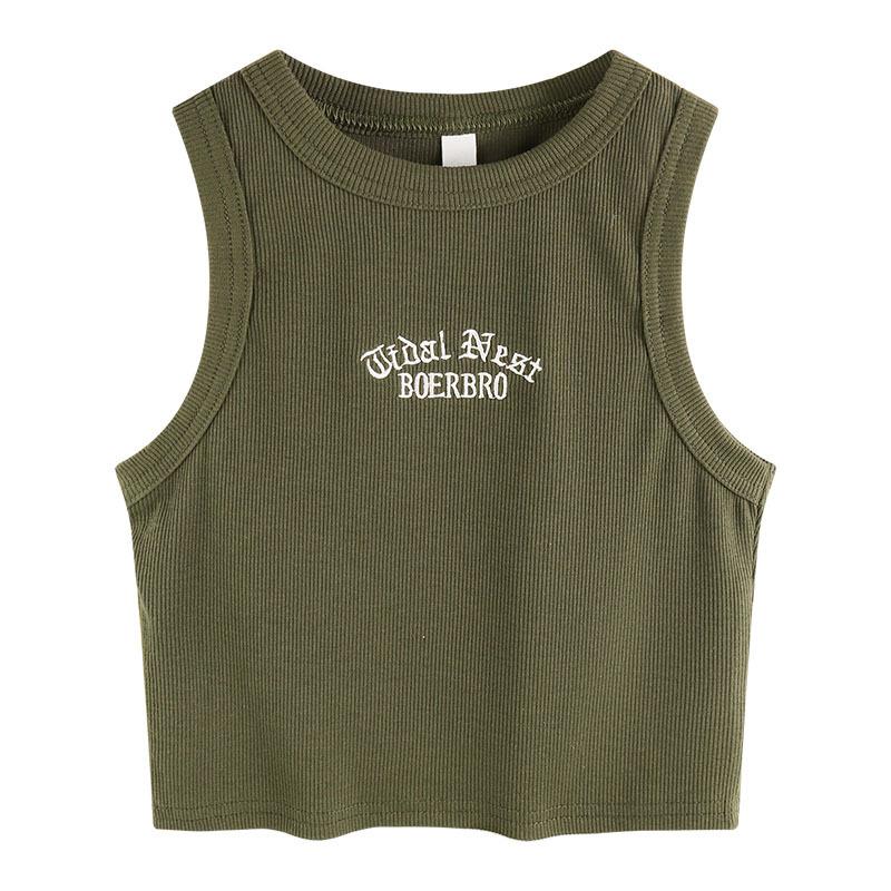 Women's Tank Top Ribbed Knitted Embroidery Letter Vest Female Summer Clothing Crop Top White Black Casual Short Tight Sport Tops
