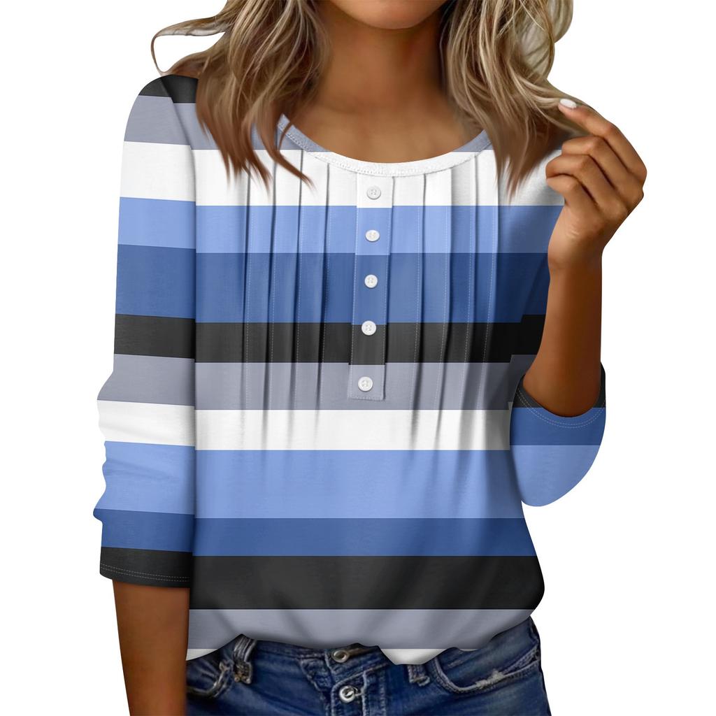Женский топ с круглым вырезом, декоративными пуговицами и полосками, повседневная футболка однотонного цвета с рукавом 3/4