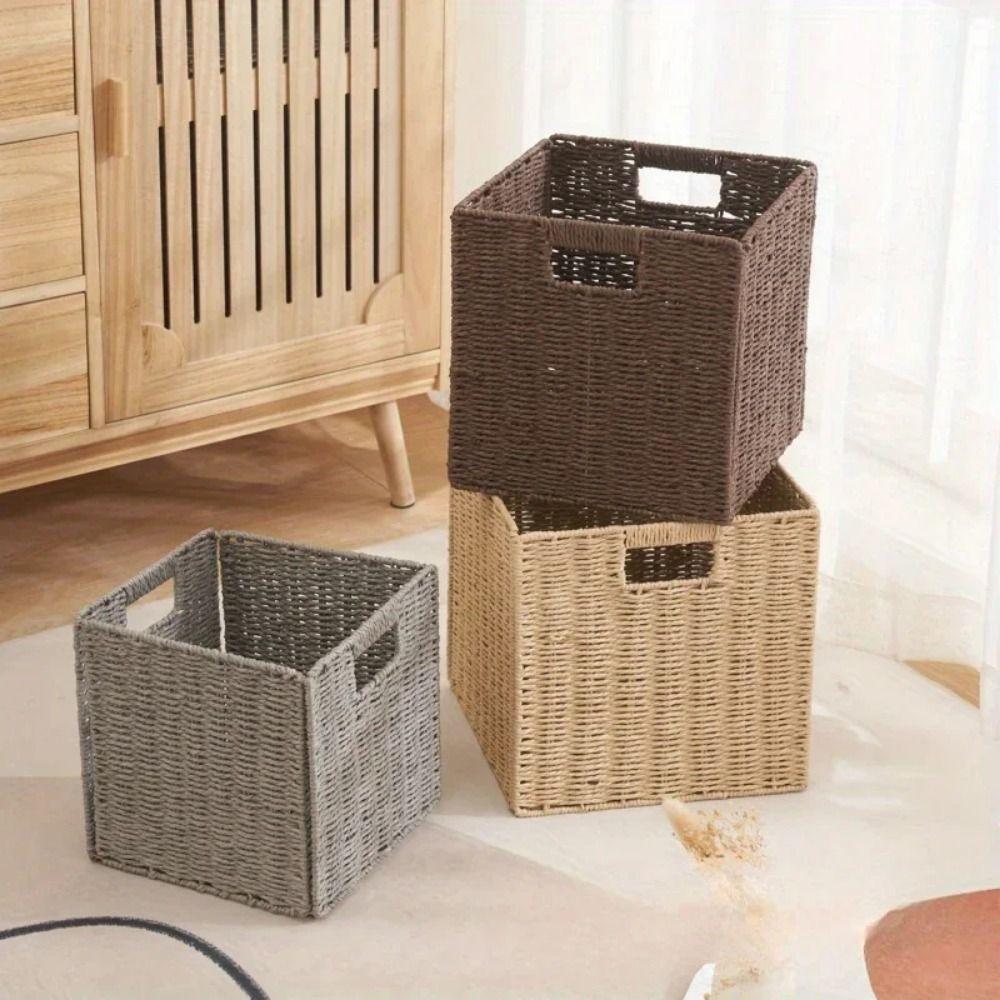 Square Imitation Rattan Basket Hand Woven Woven Storage Bin Simple Sundries Organizer  Closet