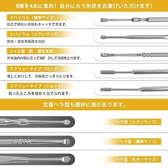 Ear pickselected set 4made stainless steel various tip shapes (spiral type spoon spring type) washable hygienic cleaning comes dedicated case (silver)