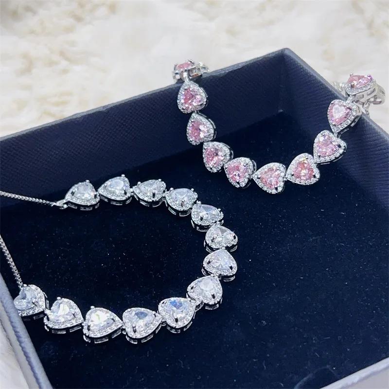 Fashion White Pink Heart Women Silver Bracelets Bangles for Girl Shinny Cut CZ Bridal Adjustable Bracelet Party Jewelry