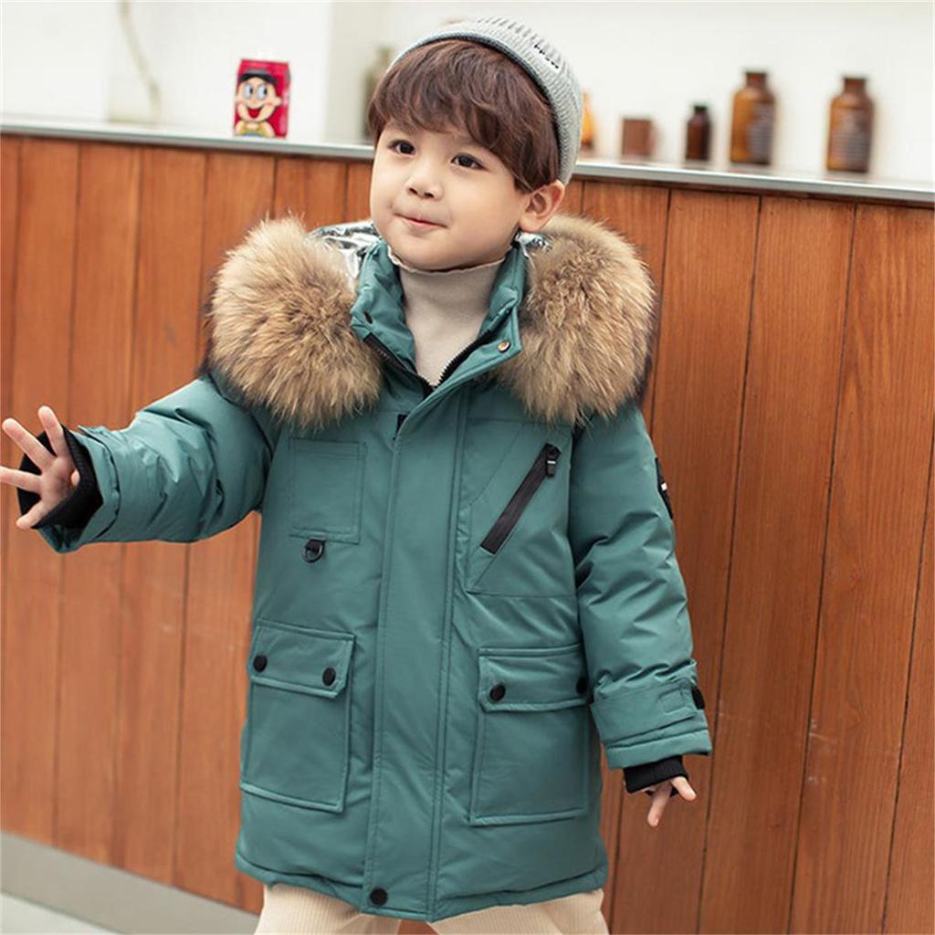 Winter Boys White Down Jacket Coat Baby Fur Collar Hooded CottonThicken Warm Soild Color Jacket For Children's Outwear Kids Clothes