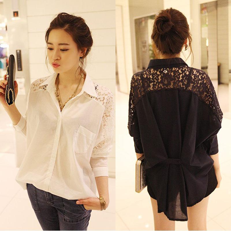1116 Spring and Autumn Clothing Korean Edition Women's Clothing Large Size Lace Splicing Chiffon Shirt Student Clothing Long Sleeve Shirt Women