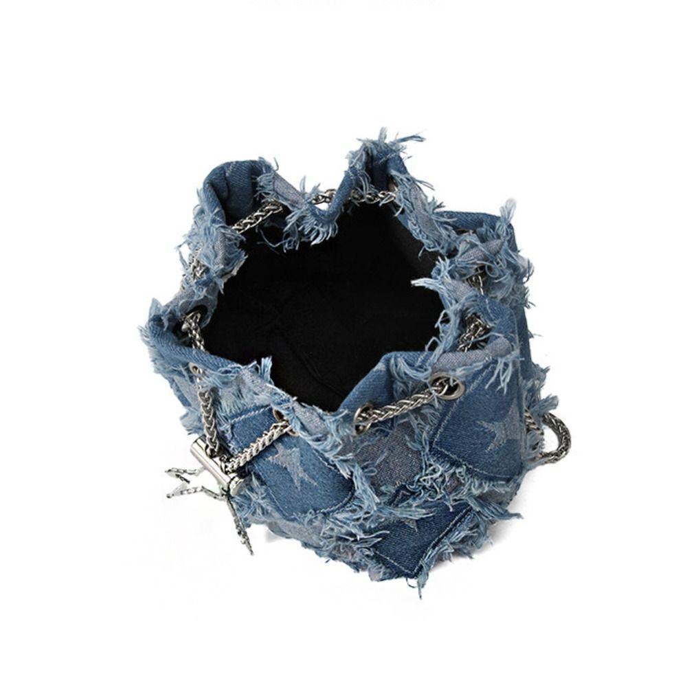 Tassel Star Denim Bucket Bag Drawstring Handbag Metal Chain Crossbody Bag Rhinestone Korean Style Cloth Shoulder Bag Party