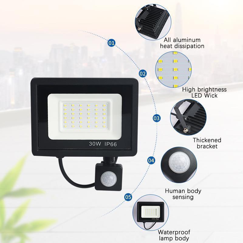 LED Flood Light PIR Motion Sensor IP66 Waterproof Spotlight Wall Lamp 20W 30W 50W 100W AC220V Street Outdoor Floodlight
